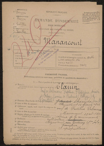 Etricourt-Manancourt. Demande d'indemnisation des dommages de guerre : dossier Clauin-Delmare