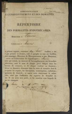 Répertoire des formalités hypothécaires, du 12/11/1841 au 03/03/1842, volume 216 (Conservation des hypothèques d'Amiens)