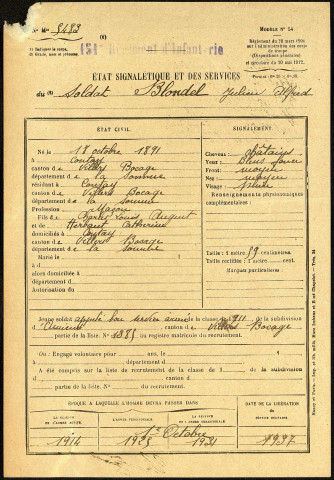 Blondel, Julien Alfred, né le 18 octobre 1891 à Contay (Somme), classe 1911, matricule n° 1385, Bureau de recrutement d'Amiens
