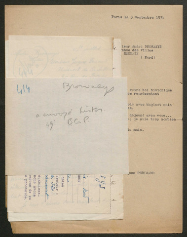 Témoignage de Browaeys, André (Capitaine) et correspondance avec Jacques Péricard