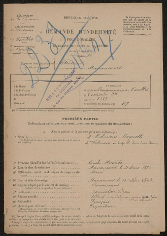 Etricourt-Manancourt. Demande d'indemnisation des dommages de guerre : dossier Colmain-Coquelle