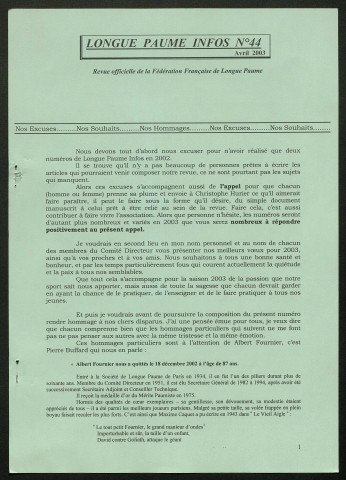 Longue Paume Infos (numéro 44), bulletin officiel de la Fédération Française de Longue Paume