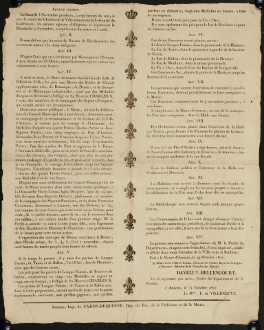 Mairie d'Amiens. Programme pour la célébration de la fête de la Saint-Charles au 4 novembre 1827