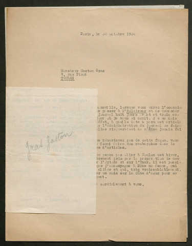 Témoignage de Gras, Gaston et correspondance avec Jacques Péricard