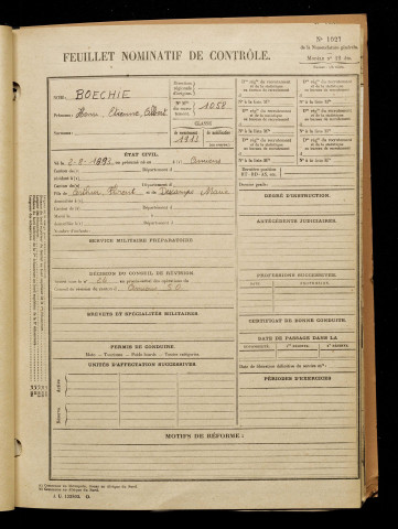 Boechie, Henri Etienne Albert, né le 02 août 1893 à Amiens (Somme), classe 1913, matricule n° 1058, Bureau de recrutement d'Amiens