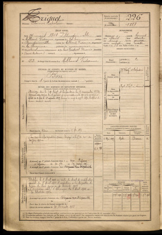 Triquet, Eléonor Napoléon, né le 24 mars 1868 à Bougainville (Somme), classe 1888, matricule n° 226, Bureau de recrutement d'Amiens