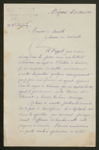 Témoignage de Merlet, Marie Germain Emile (Lieutenant) et correspondance avec Jacques Péricard