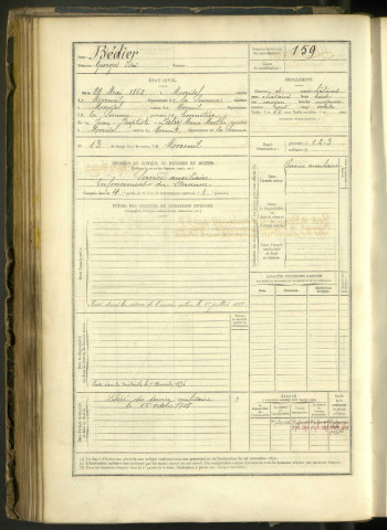 Bédier, Georges Isaïe, né le 28 mai 1862 à Morisel (Somme, France), classe 1882, matricule n° 159, Bureau de recrutement de Péronne