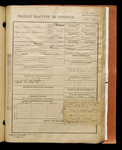 Berlemont, Auguste Alexandre, né le 25 mars 1892 à Sailly-Saillisel (Somme), classe 1912, matricule n° 679, Bureau de recrutement de Péronne