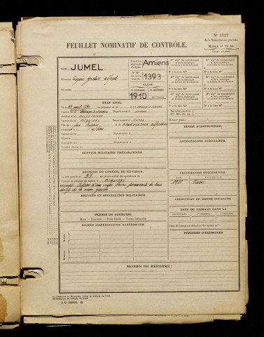 Jumel, Eugène Gustave Alfred, né le 22 août 1890 à Ailly-sur-Somme (Somme), classe 1910, matricule n° 1393, Bureau de recrutement d'Amiens