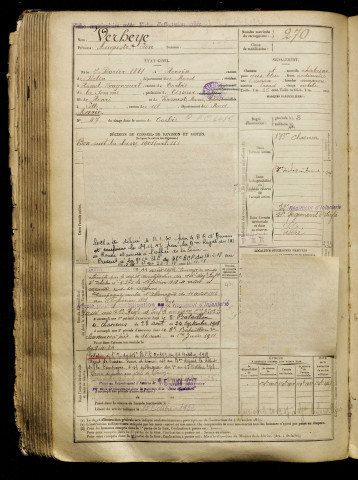 Verheye, Auguste Léon, né le 07 février 1881 à Herrin (Nord), classe 1903, matricule n° 270, Bureau de recrutement d'Amiens