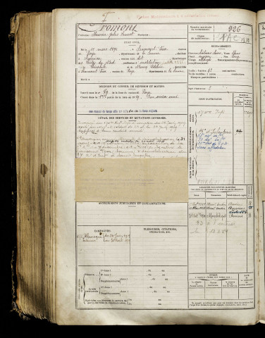 Fromont, Maurice Jules Ernest, né le 15 mars 1896 à Liancourt-Fosse (Somme), classe 1916, matricule n° 926, Bureau de recrutement de Péronne