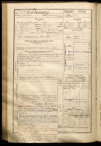 Demay, Victor, né le 19 juillet 1874 à Ytres (Somme), classe 1894, matricule n° 1216, Bureau de recrutement de Péronne