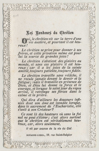 Image pieuse dentelle. Le pain des Anges devient votre nourriture. Le Christ tenant un calice et une hostie, Les Bonheurs du Chrétien