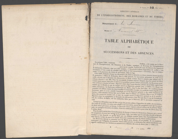 Table des successions et absences du bureau d'Amiens