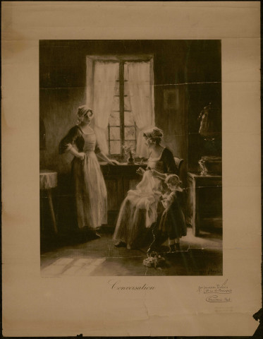 Reproduction d'un tableau de Pauline Vallayer-Moutet (1873-1956) intitulé "Conversation". Cette reproduction était affichée dans les Magasins Lourdel-Dubois (Bonneterie, chemiserie et bas), 25 rue de Beauvais à Amiens. Comporte un cachet humide "Tribunal de commerce d'Amiens"
