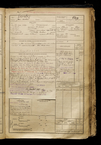 Verdez, Jean Nicolas, né le 14 mai 1899 à Miraumont (Somme), classe 1919, matricule n° 649, Bureau de recrutement de Péronne