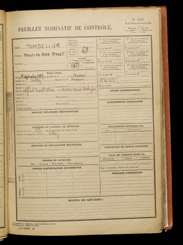 Tondellier, Maurice Rose Ernest, né le 18 septembre 1897 à Bussus-Bussuel (Somme), classe 1917, matricule n° 69, Bureau de recrutement d'Abbeville