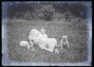 Martinsart (Somme). Un enfant assis dans l'herbe avec ses jouets et deux chiens