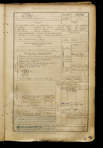 Eloy, Optat Léon Edouard, né le 22 octobre 1877 à Étinehem (Somme), classe 1897, matricule n° 1096, Bureau de recrutement de Péronne