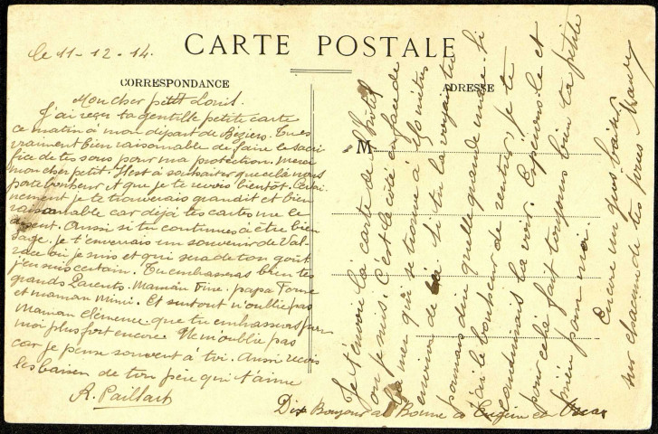 Carte postale intitulée "Valras-la-Plage. Hôtel Bitterois". Correspondance de Raymond Paillart à son fils Louis