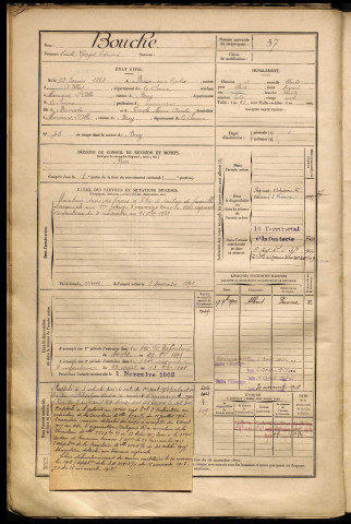 Bouche, Emile Georges Edmond, né le 12 janvier 1868 à Buire-sur-l'Ancre (Somme), classe 1888, matricule n° 37, Bureau de recrutement de Péronne