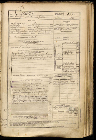 Camus, Marie Gaston Charles, né le 10 mars 1873 à Puzeaux (Somme), classe 1893, matricule n° 835, Bureau de recrutement de Péronne