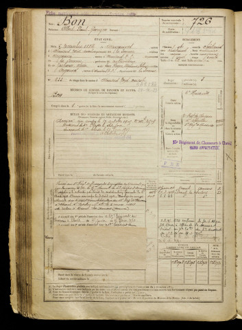 Bon, Albert Paul Georges, né le 05 novembre 1884 à Argoeuves (Somme), classe 1904, matricule n° 726, Bureau de recrutement d'Amiens