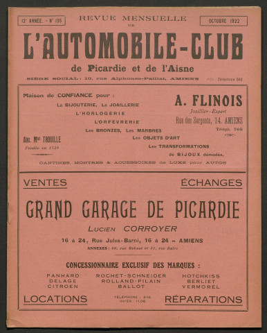 L'Automobile-club de Picardie et de l'Aisne. Revue mensuelle, 135, octobre 1922