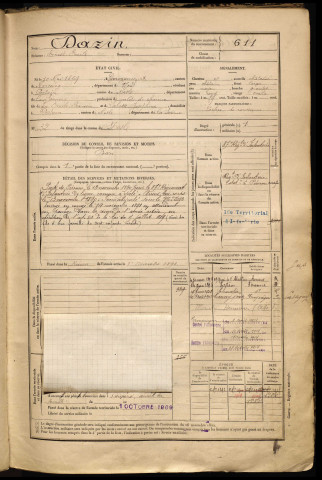 Dazin, Ernest Emile, né le 10 mai 1869 à Marcoing (Nord), classe 1889, matricule n° 611, Bureau de recrutement de Péronne
