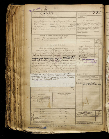 Bon, Jules Adrien, né le 26 mai 1897 à Cayeux-sur-Mer (Somme), classe 1917, matricule n° 1302, Bureau de recrutement d'Abbeville