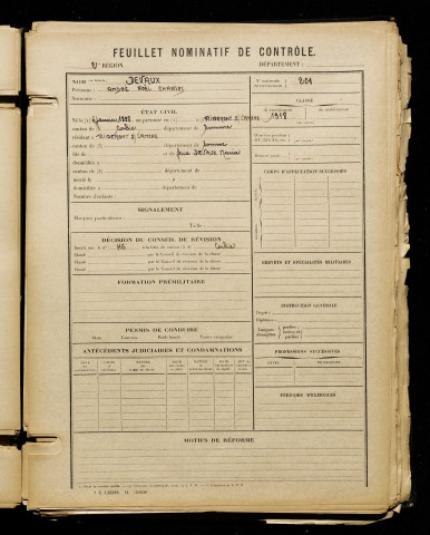 Devaux, André Noël Charles, né le 06 janvier 1898 à Ribemont-sur-Ancre (Somme), classe 1918, matricule n° 201, Bureau de recrutement d'Amiens