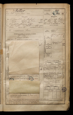 Bellier, Victor Eugène Henri, né le 17 mars 1872 à Moislains (Somme), classe 1892, matricule n° 551, Bureau de recrutement de Péronne