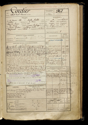 Cordier, Albert Emile Edmond, né le 06 janvier 1889 à Mailly-Maillet (Somme), classe 1909, matricule n° 961, Bureau de recrutement de Péronne