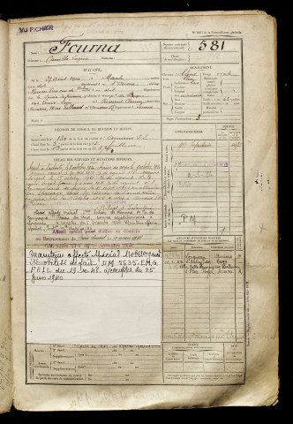 Fourna, Camille Eugène, né le 27 août 1900 à Marle (Aisne), classe 1920, matricule n° 581, Bureau de recrutement d'Amiens
