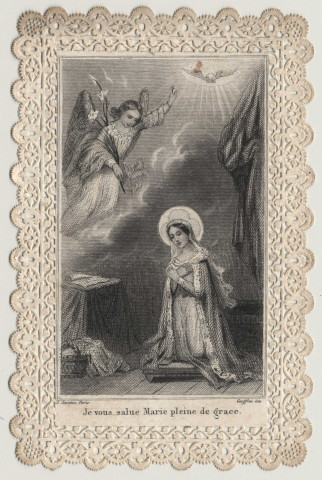 Image pieuse dentelle. Je vous salue Marie pleine de grâce. Marie accompagnée d'un ange. Ave Maria, gratia plena