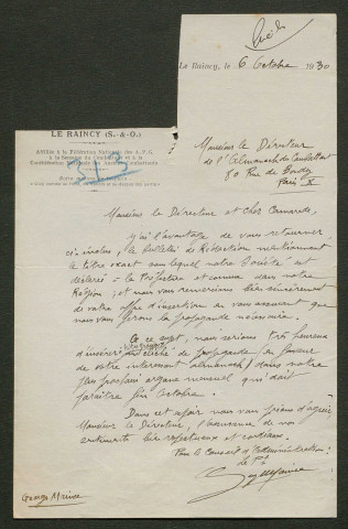 Témoignage de Maince, Georges (Directeur de publication d'un journal) et correspondance avec Jacques Péricard