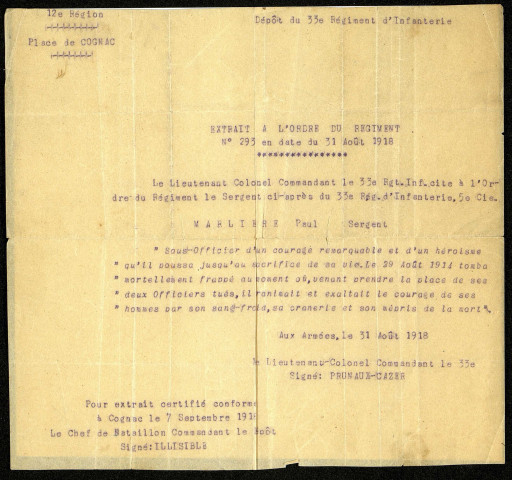 Extrait de l'ordre du régiment n°293 en date du 31 août 1918 : Paul Marlière, Sergent au 33e Régiment d'Infanterie