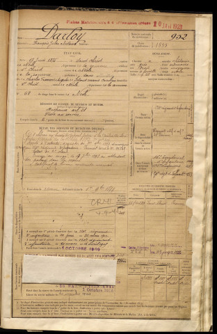 Darloy, François Jules Antoine, né le 17 juin 1875 à Saint-Christ-Briost (Somme), classe 1895, matricule n° 952, Bureau de recrutement de Péronne