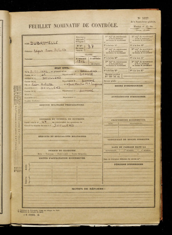 Dubromelle, Edgar Léon Achille, né le 09 novembre 1892 à Doullens (Somme), classe 1912, matricule n° 37, Bureau de recrutement d'Abbeville
