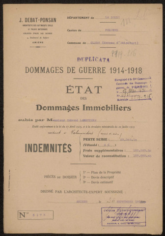 Cléry-sur-Somme. Demande d'indemnisation des dommages de guerre : dossier Labruyère Edmond