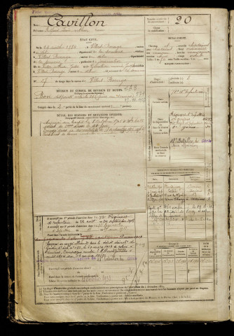 Cavillon, Alfred Léon Arthur, né le 14 août 1884 à Villers-Bocage (Somme), classe 1904, matricule n° 20, Bureau de recrutement d'Amiens
