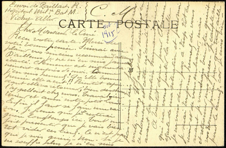 Carte postale intitulée "Vichy. Eglise Saint-Louis". Correspondance de Raymond Paillart au curé de Moyencourt-lès-Poix
