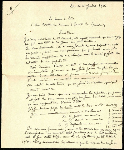 Copies manuscrites de lettres échangées entre le Maire de Lille et le Gouverneur allemand Von Heinrich puis le Général Von Graevenitz. Avis et proclamations des autorités allemandes