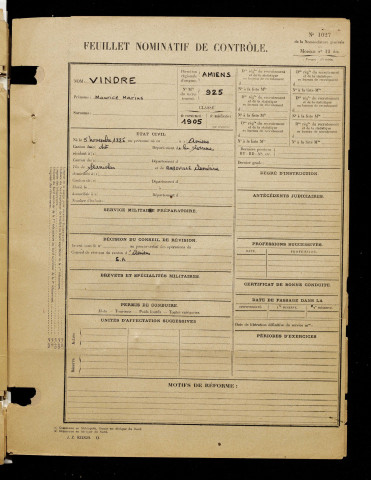 Vindre, Maurice Marius, né le 05 novembre 1885 à Amiens (Somme), classe 1905, matricule n° 925, Bureau de recrutement d'Amiens