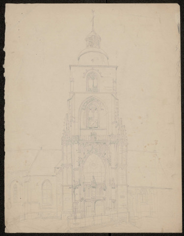 Etude. Clocher d'une église non identifiée, du XVe ou XVIe siècle