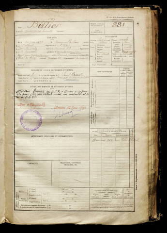 Béllier, André Désiré Armand, né le 30 juin 1901 à Bonneuil-les-Eaux (Oise), classe 1921, matricule n° 881, Bureau de recrutement d'Amiens