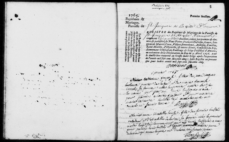 Amiens (Saint-Jacques) : baptêmes, mariages, sépultures (1765-1768)