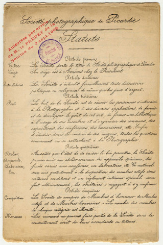 Société Photographique de Picardie (Amateurs) : Statuts. Autorisation par arrêté de Monsieur le Préfet de la Somme le 9 septembre 1892. Modification des statuts en 1897