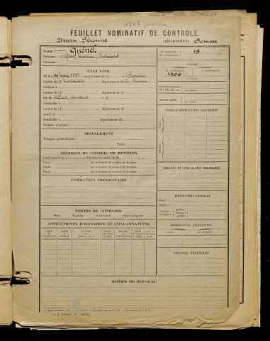 Quénel, Alfred Narcisse Edouard, né le 29 mars 1886 à Fignières (Somme), classe 1906, matricule n° 18, Bureau de recrutement de Péronne